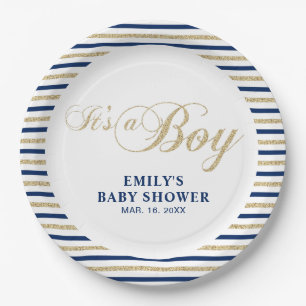 Goud & Marineblauw   Moderne Baby Shower Feestbord Papieren Bordje