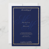 Goud marineblauw monogram initialen thema bruiloft kaart (Voorkant)