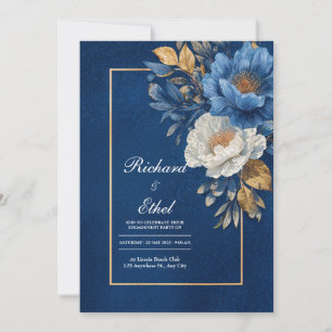 Goud Marineblauw Witte Pioen Bloemige Bruiloft Kaart
