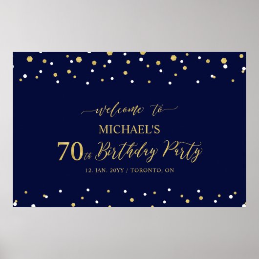 Goud & Marineblauwe Confetti 70e Verjaardagsfeest Poster (Voorkant)