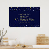 Goud & Marineblauwe Confetti 80ste Verjaardagsfees Poster (Keuken)