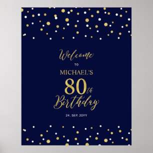 Goud & marineblauwe confetti 80ste verjaardagsfees poster