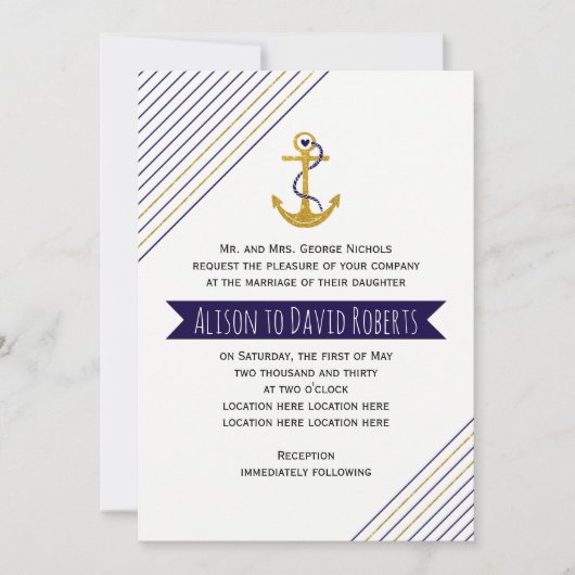 Goud, marinesanker, strepen nautisch strand bruilo kaart (Voorkant)