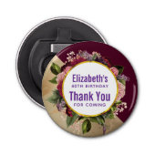 Goud Marmer en Bourgondische Florals Verjaardagsgu Button Flesopener (Voorkant)