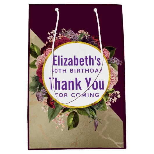 Goud Marmer en Bourgondische Florals Verjaardagsgu Medium Cadeauzakje (Voorkant)