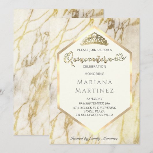 Goud marmer geometrische kalligrafie Quinceañera Kaart (Voorkant / Achterkant)