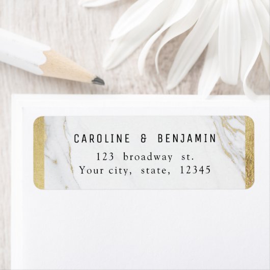 Goud marmer luxe modern huwelijksadres etiket (Insitu)