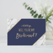 Goud marmer script navy blauw zijn mijn bruidsmeis kaart (Staand voorkant)