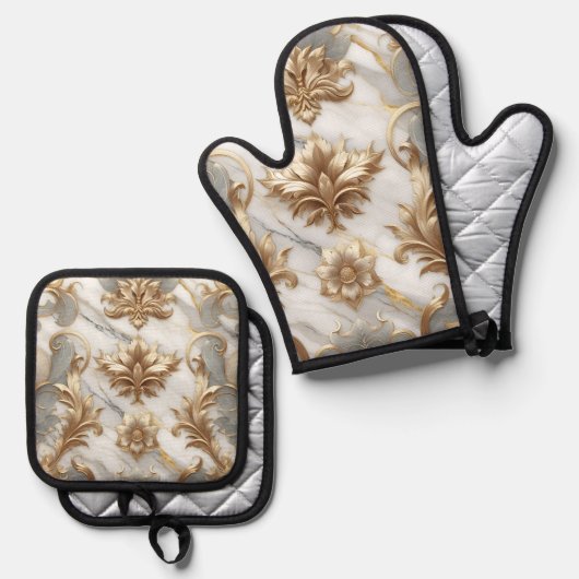 Goud & Marmeren Keukenhandschoenen Ovenwant & Pannenlap Set (Voorkant / Achterkant)