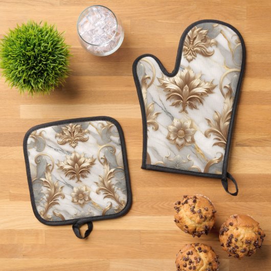 Goud & Marmeren Keukenhandschoenen Ovenwant & Pannenlap Set (Top down)