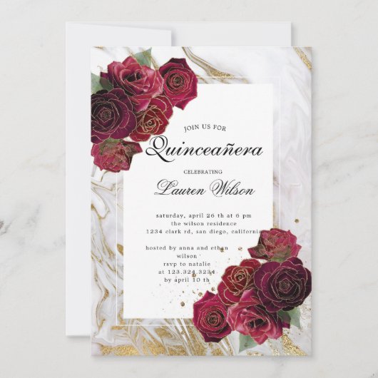 Goud Marmeren Rode Rozen Bloemen Quinceanera Kaart (Voorkant)