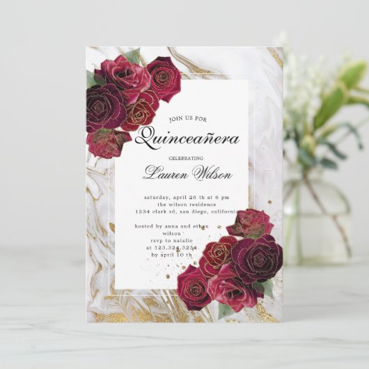 Goud Marmeren Rode Rozen Bloemen Quinceanera Kaart (Staand voorkant)