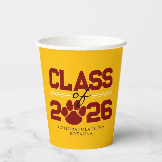 Goud & Maroon Pawprint Klasse van Afstuderen Papieren Bekers (Achterkant)