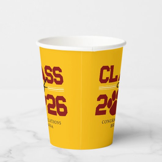 Goud & Maroon Pawprint Klasse van Afstuderen Papieren Bekers (Rechts)