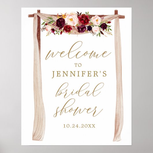 Goud Marsala Bloemen Bruiloft Welcome Poster (Voorkant)