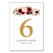 Goud Marsala Boho Bloemen Tafel Nummers Kaart (Voorkant)