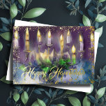 Goud Menorah Happy Chanoeka Paarse Blauw Folie Feestdagenkaart<br><div class="desc">Gold Menorah Happy Chanoeka</div>