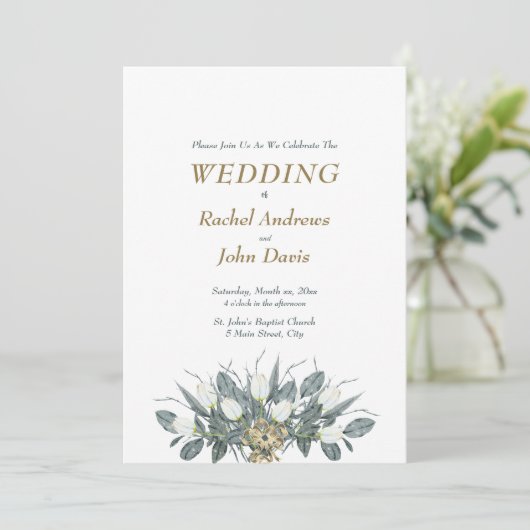 Goud met groene huwelijksuitnodiging Witte Tulpen Kaart (Staand voorkant)