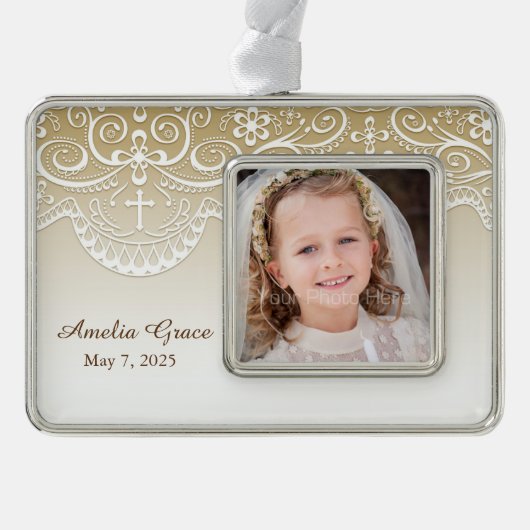 Goud met kant, kruis, religie verzilverd omlijst ornament (Voorkant)