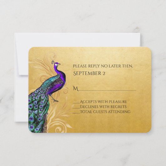 Goud met RSVP-Kaart met Peacock Wedding RSVP Kaartje (Voorkant)