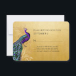 Goud met RSVP-Kaart met Peacock Wedding RSVP Kaartje<br><div class="desc">Elegant rijke goudkleurige trouwreactiekaart,  met een mooie afbeelding van gouden bloederen,  en een kleurrijke paarse en blauwgroen pauw,  aan de linkerkant. De tekst in het zwart is klaar om je te personaliseren voor je trouwdag. Overeenkomende producten zijn beschikbaar.</div>