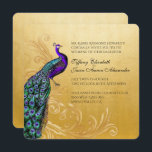 Goud met uitnodiging tot het huwelijk met Peacock<br><div class="desc">Elegant rijk goud uitziend vierkant trouwfeest,  met een mooie afbeelding van gouden bloederen,  en een kleurrijke paarse en blauwgroen pauw.  De tekst in het zwart is klaar om je te personaliseren voor je trouwdag.  Overeenkomende producten zijn beschikbaar.</div>