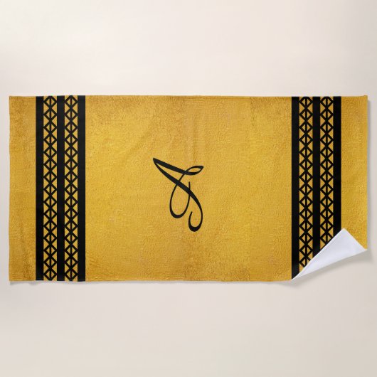 Goud met verticale zwarte monogram Bars & Diamonds Strandlaken (Voorkant)