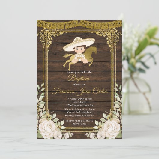 Goud met witte rozen Fiesta Boy Baptisme Kaart (Staand voorkant)