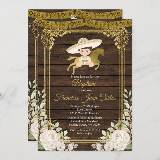 Goud met witte rozen Fiesta Boy Baptisme Kaart (Voorkant / Achterkant)