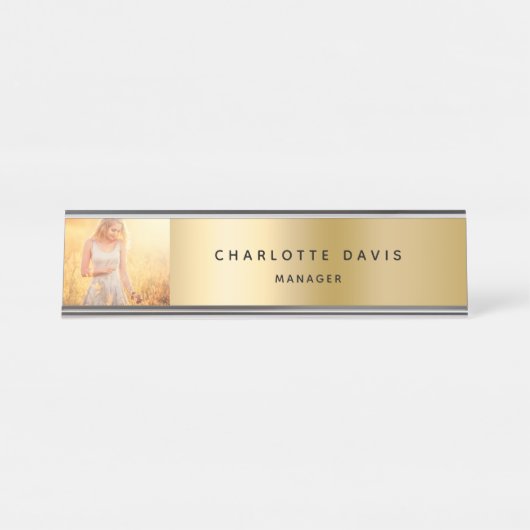 Goud metaal fotoarbeider moderne monogram bureau naambordje (Voorkant)