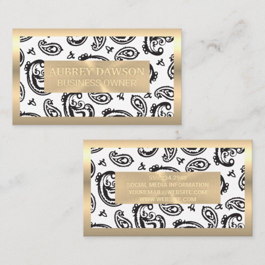 Goud Metaal | Zwart Paisley Bloempatroon Visitekaartje (Voorkant / Achterkant)