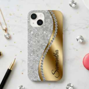 Goud Metalen Gepersonaliseerde Glam met Diamant Ui iPhone 14 Hoesje