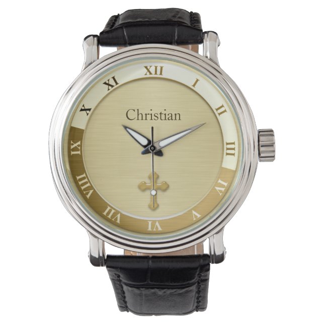 Goud Metallic Cross Name Sjabloon Horloge (Voorkant)