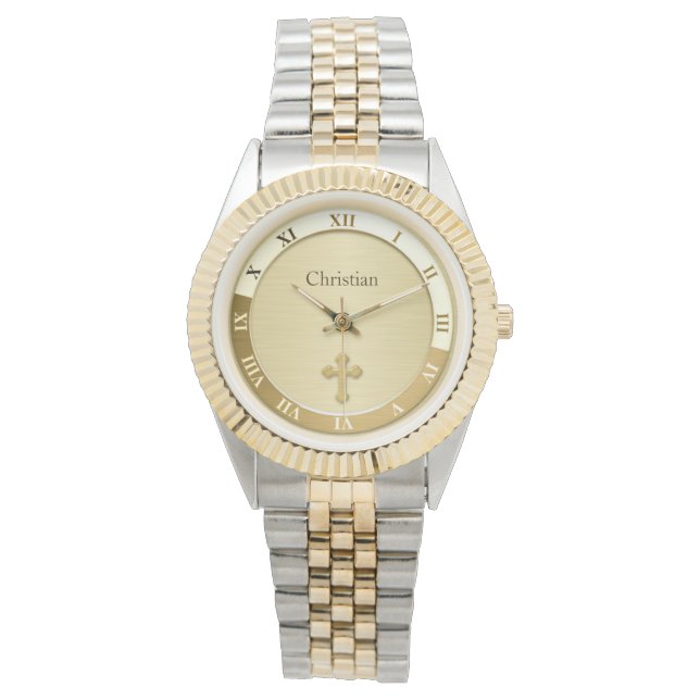 Goud Metallic Cross Name Sjabloon Horloge (Voorkant)