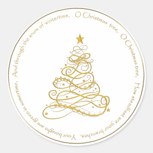 Goud Metallic Filigree "O Christmas Tree" Tekst Ronde Sticker (Voorkant)