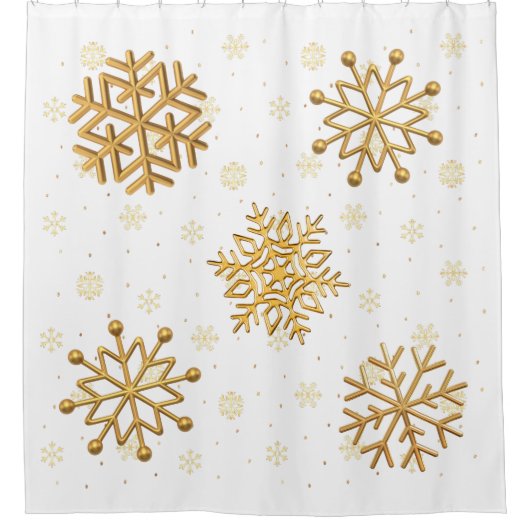 Goud Metallic Sneeuwvlokken op Wit Douchegordijn (Voorkant)