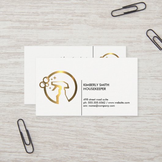 Goud Metallic Spray Fles Visitekaartje (Voorkant / Achterkant in situ)