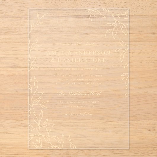 Goud Minimal Leaf Elegant Modern Wedding Acryl Uitnodigingen (Voorkant)