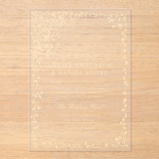 Goud Minimal Leaf Greenery Elegant Huwelijk Acryl Uitnodigingen (Voorkant)