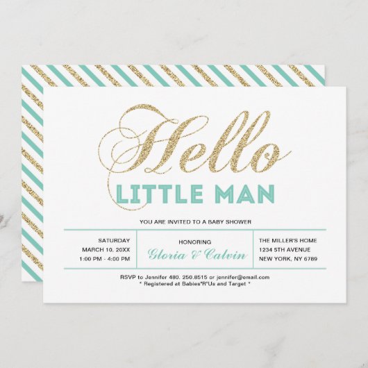 Goud, Mint | Modern Typografie Boy Baby shower Kaart (Voorkant / Achterkant)