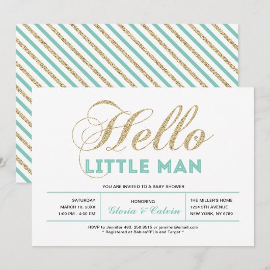 Goud, Mint | Moderne typografie jongens babyshower Kaart (Voorkant / Achterkant)