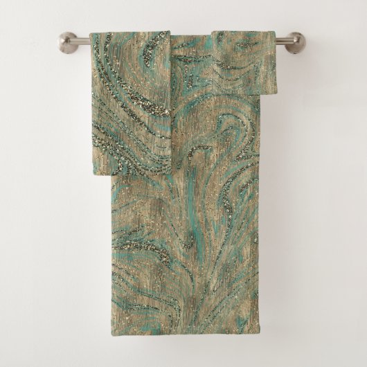 Goud & Mintgroene Turquoise Glitter Werveling Glan Bad Handdoek (Insitu)