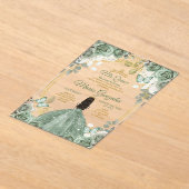 Goud Mis Quince Dusty Groen Bloemen Quinceañera Acryl Uitnodigingen (Laagn)