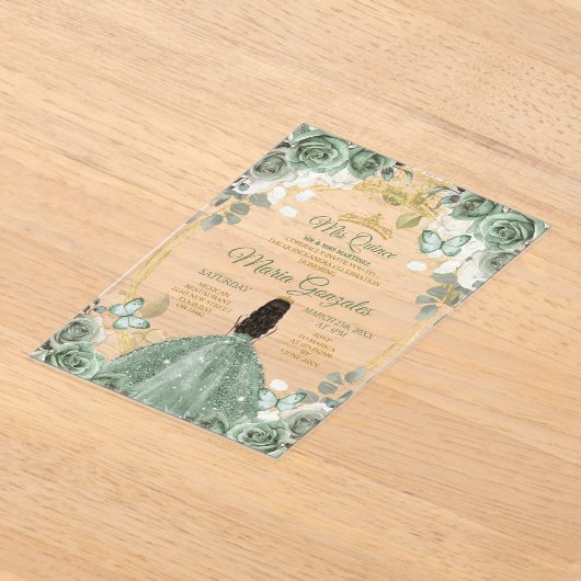 Goud Mis Quince Dusty Groen Bloemen Quinceañera Acryl Uitnodigingen (Laagn)