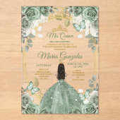 Goud Mis Quince Dusty Groen Bloemen Quinceañera Acryl Uitnodigingen (Voorkant)
