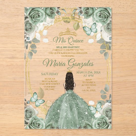 Goud Mis Quince Dusty Groen Bloemen Quinceañera Acryl Uitnodigingen (Voorkant)