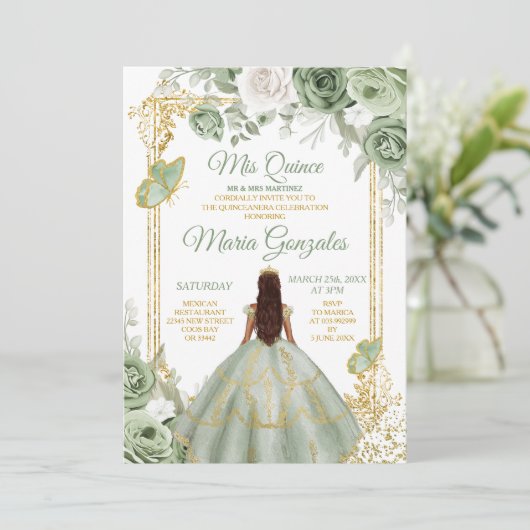 Goud Mis Quince Sage Groen Bloemen Quinceañera Kaart (Staand voorkant)