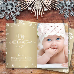 Goud M'n Eerste Kerst Baby Foto Sneeuwvlokken Chic Feestdagenkaart