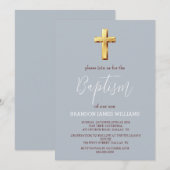 Goud Modern Eenvoudig Stoffig Blauw Kruis Doop Kaart (Voorkant / Achterkant)