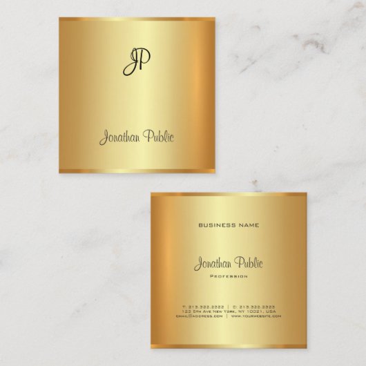 Goud Modern Elegant Handgeschreven Monogram Script Vierkante Visitekaartje (Voorkant / Achterkant)